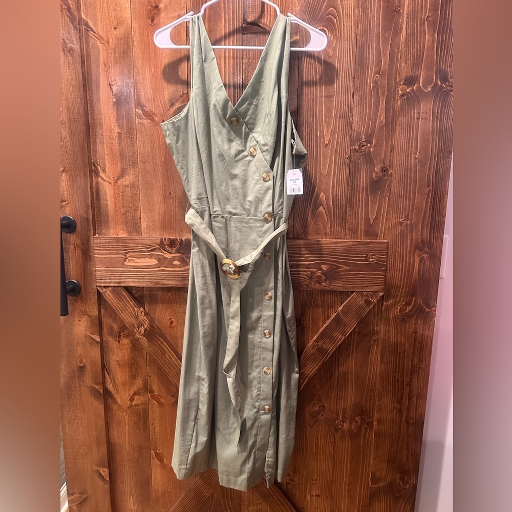 Time and Tru Olive Green Button-Front Midi Dress with Belt
